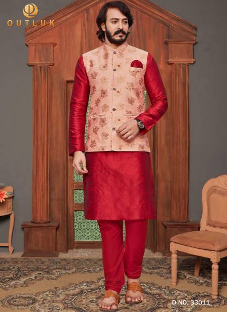 Red Colour Latest Festive Wear Art Silk Digital Printed Kurta Pajama With Jacket Mens Collection 33011